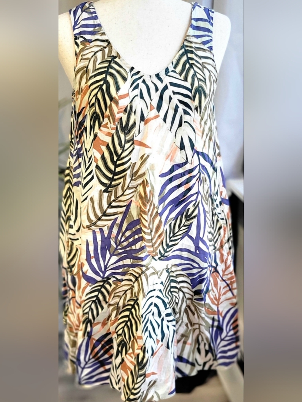 Tahari 100% Linen Tropical Leaf Print Dress - Size XS - Sleeveless Tie Back